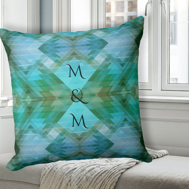 Kunstvlotten Geometrische patroonmint Kussen (Pillow featuring a geometric Aztec inspired pattern in mint, teal, turquoise with monogram)
