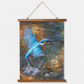 Kunstwerk 'Ijsvogel Zonsondergang Spatwater Rivier Hangend Wandkleed