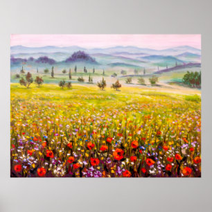 Kunstwerk Italiaanse tuscany cypert landschap met  Poster