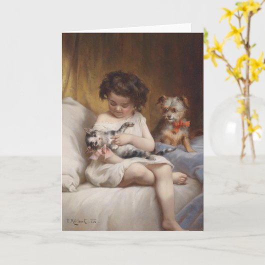 kunstwerk - Meisje met haar kitten en puppy, Kaart (Gele Bloem)