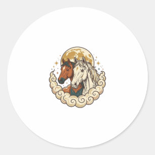 Kunstwerk met antieke gravure kosmische paarden ma ronde sticker