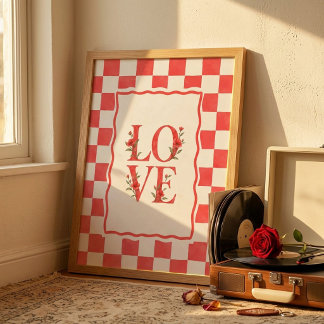 Kunstwerk met geruite bloemen voor Valentijnsdag Poster