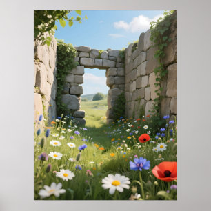 Kunstwerk met stenen muur ruïne weide bloemen poster