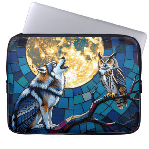 Kunstwerk met wolf en uil mozaïek laptop sleeve