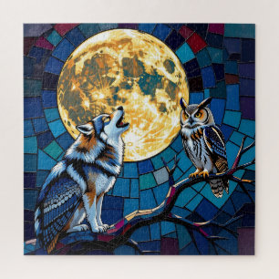 Kunstwerk mozaïek van wolf en uil legpuzzel