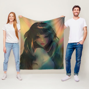 Kunstwerk van anime meisje omringd door regenboogl fleece deken
