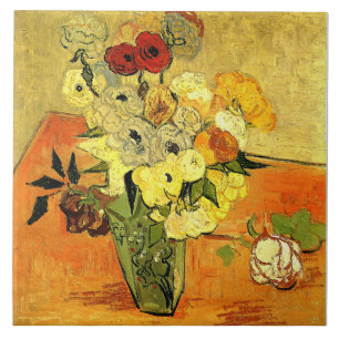 Kunstwerk van Van Gogh, Japanse vaas met rozen, Tegeltje