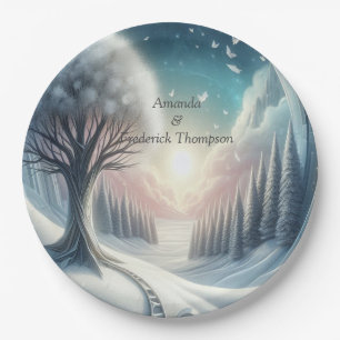 Kunstwinterscène en sneeuw- en ijskristallen vastl papieren bordje