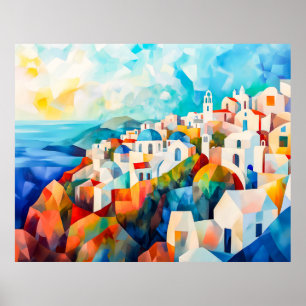 Kunstzinnige impressie van de kustlijn van Santori Poster
