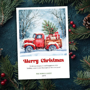 Kunstzinnige roestige rode vrachtwagen kerstscène feestdagenkaart