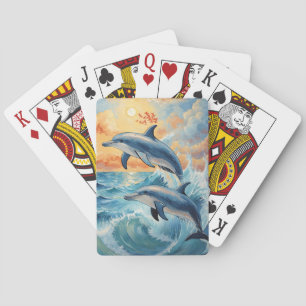Kunstzinnige Twee Springende Dolfijnen Zonsonderga Pokerkaarten