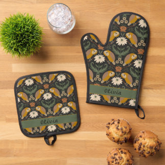 Kunstzinnige uil en bloemenpatroon en naam voor co ovenwant & pannenlap set