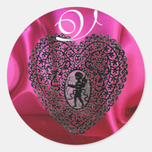 KUPID LACE HEART SILK FUCHSIA CLOTH, roze Black Ronde Sticker
