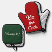 Kus de kok Grappig kerstcadeau rood groen Ovenwant & Pannenlap Set (Voorkant / Achterkant)