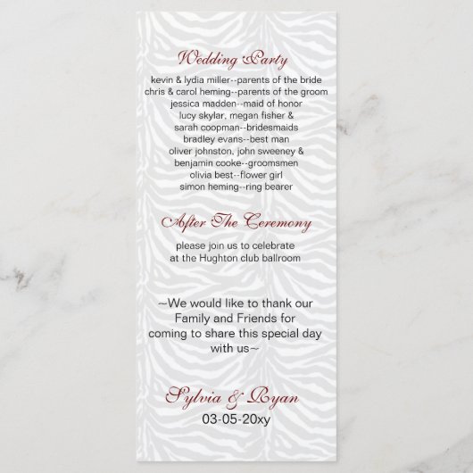 Kus en snor zebra strepen bruiloft programma (Achterkant)