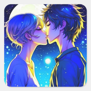 Kus Onder de Volle Maan Anime Koppel Vierkante Sticker
