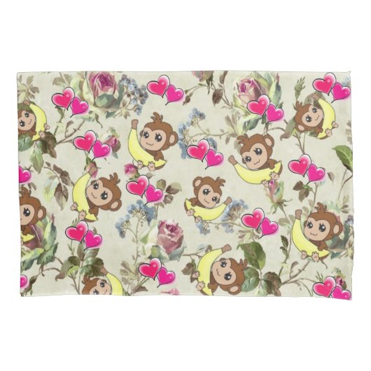 Kussen Hoesje Aap Bananen Roze Harten Bloemen Kussensloop (Voorkant)