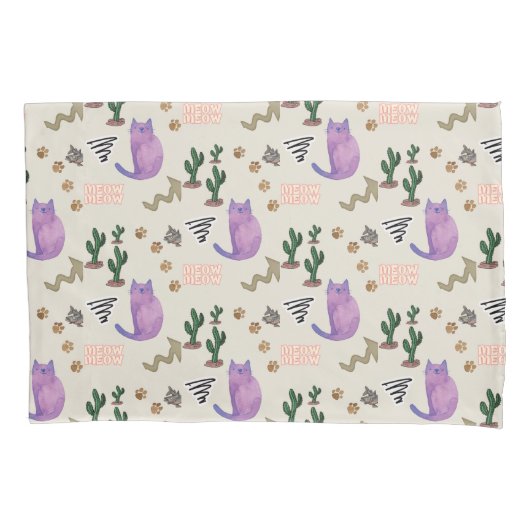 Kussen Hoesje Kat Vis Meow Paws Cactus Kussensloop (Voorkant)