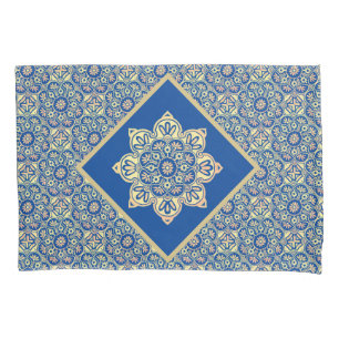 Kussen hoesje met Boho gouden medaillons op blauw Kussensloop