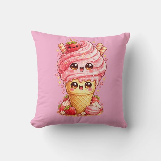 Kussen in de vorm van een aardbeien ijsje kawaii (Voorkant)