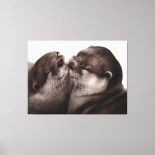 Kussende otters - met de hand geschilderde dierenk canvas afdruk