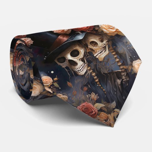 Kussende skeletten, roze blozende rozen gotische b stropdas (Opgerold)