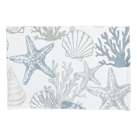 Kussensloop Blue Starfish Seashells Coastal Beach (Voorkant)