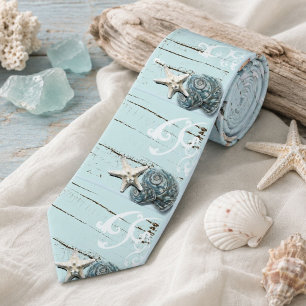 Kust aqua blauwe strand hout zeester schelp stropdas