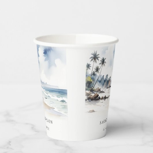 Kust Bali Beach Palm Tree Waterverf Bruiloft Papieren Bekers (Links)