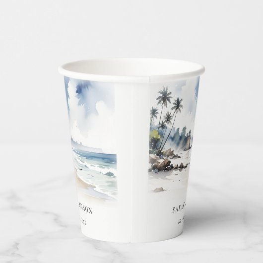 Kust Bali Beach Palm Tree Waterverf Bruiloft Papieren Bekers (Rechts)