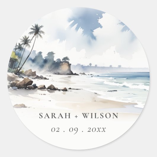 Kust Bali Beach Palm Tree Waterverf Bruiloft Ronde Sticker (Voorkant)