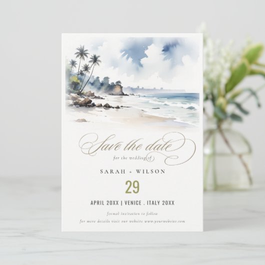 Kust Bali Beach Palm Tree Waterverf Bruiloft Save The Date (Staand voorkant)