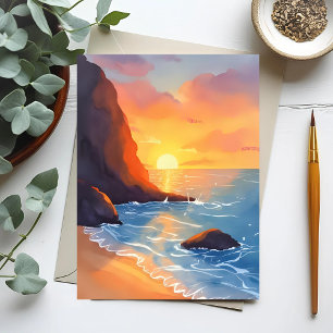 Kust bij zonsondergang   Strand Oceaan Golven Briefkaart