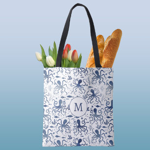 Kust Blauw Aquarel Onderwater Octopus Monogram Draagtas