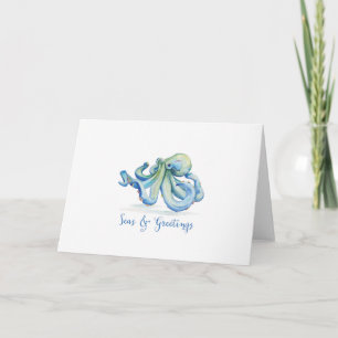 Kust Blauw Aquarel Zeeën en Groeten Octopus Feestdagen Kaart