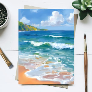 Kust Blauw Golven Oceaan Aquarel Schilderij Briefkaart