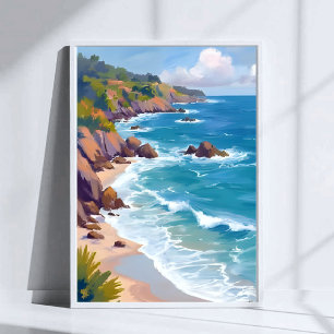 Kust Blauw Oceaan Getij Waterverfschilderij Poster