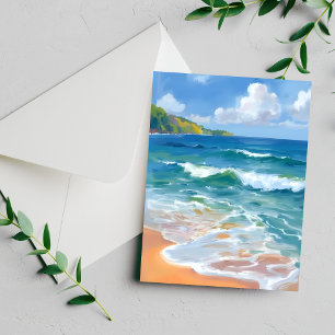 Kust Blauwe Golven Oceaan Aquarel Schilderij Kaart