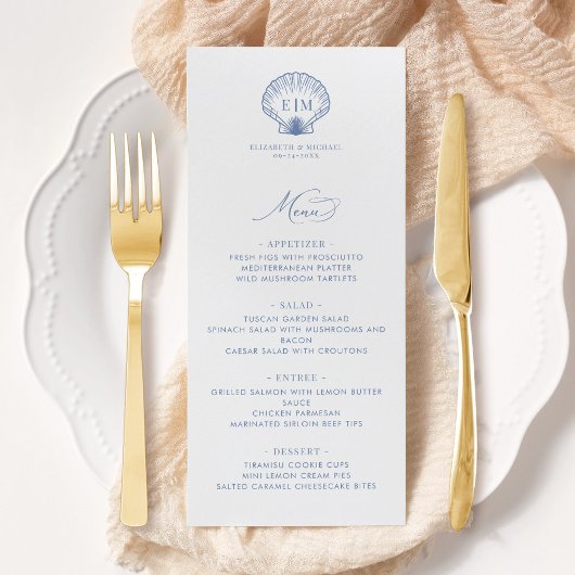Kust Blauwe Strand Schelp Monogram Trouwen Menu