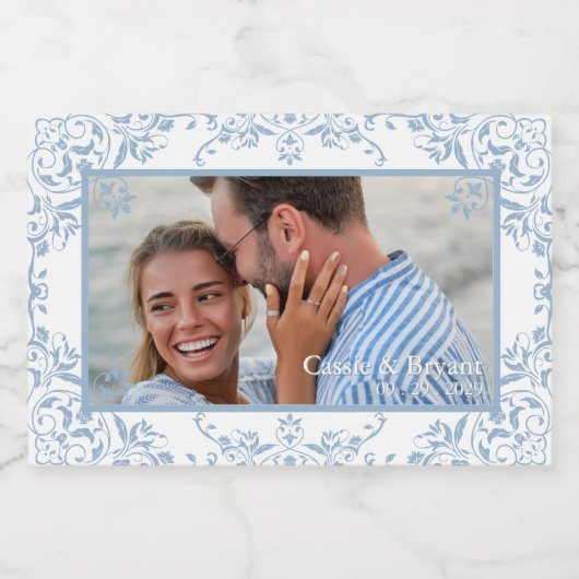 Kust Chic Blauw & Wit Foto Trouwlabels Voedselcontainer Etiket (Enkel label)