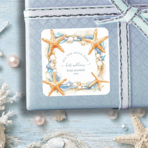 Kust chic blauwe zee zien we je snel Baby Shower Vierkante Sticker