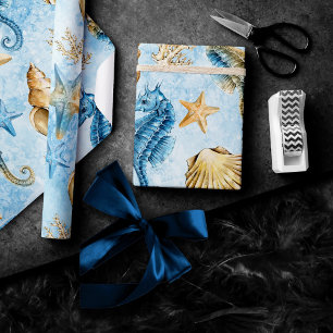 Kust Chic   Modern Blauw en Goud Onder de Zee Cadeaupapier