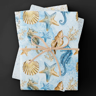 Kust Chic   Modern Blauw en Goud Onder de Zee Inpakpapier Vel