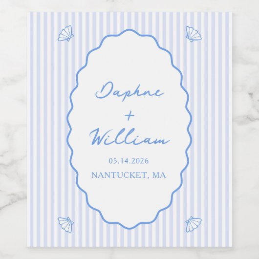 Kust Chic Schelpen & Strepen Persoonlijke Trouwdag Wijn Etiket (Enkel label)