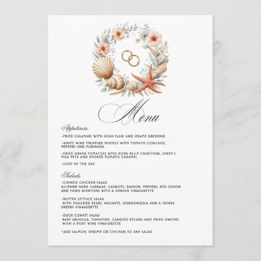 Kust Chic Strandhuwelijk Menu (Voorkant)
