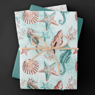 Kust Chic   Teal en Koraalrif Pastel Patroon Inpakpapier Vel
