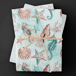 Kust Chic   Teal en Koraalrif Pastel Patroon Inpakpapier Vel