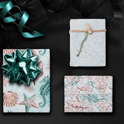 Kust Chic | Teal en Koraalrif Pastel Patroon Inpakpapier Vel