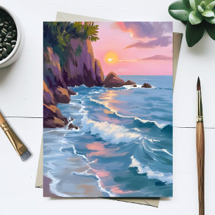 Kust Cotton Candy Zonsondergang Aquarel Schilderij Briefkaart