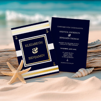 Kust Goud Wit Marineblauw Maritiem Huwelijk Folie Uitnodiging